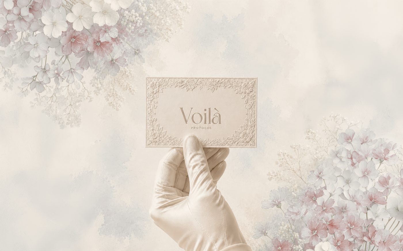 A letterpressed Voil&agrave; Protocol card held in a white-gloved hand, framed by soft rose and white florals