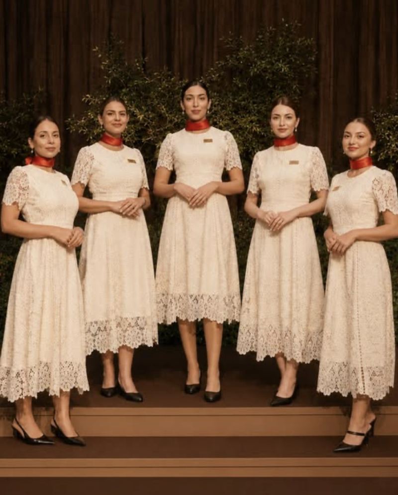 Five Voil&agrave; Protocol hostesses in ivory lace with red neck scarves