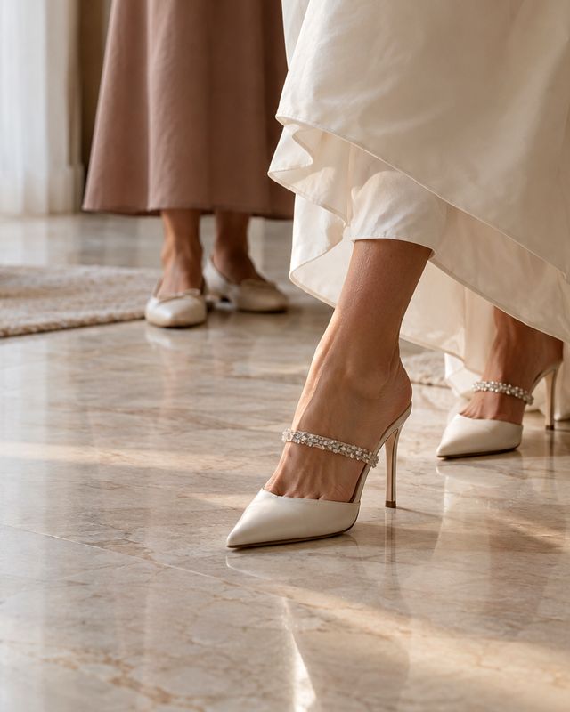 A bride practising her walk in heels, her coach watching. An illustration, not a photograph of a Voil&agrave; wedding.
