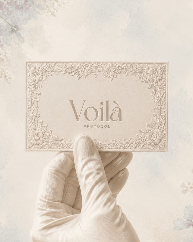 A letterpressed Voil&agrave; Protocol invitation card in a white-gloved hand