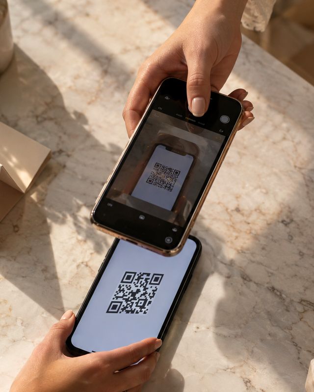 A hostess scanning the code on a guest's phone. An illustration, not a photograph of a Voil&agrave; wedding.